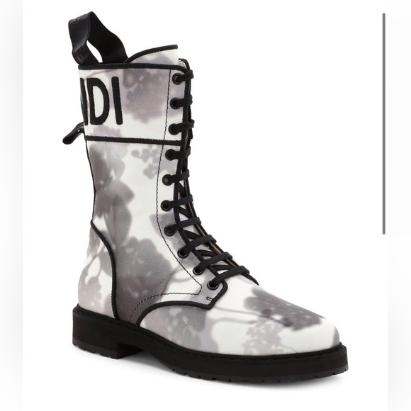 Fendi Shoes - New Size 38.5 Fendi Floral Combat Boots Black White Tie Dye